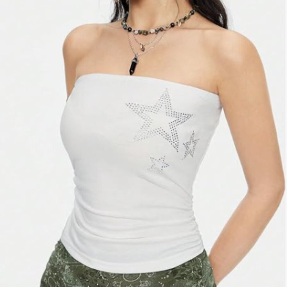 Crop Tube Top Womens Medium Rhinestone Ruched Strapless White Y2K Festival Retro